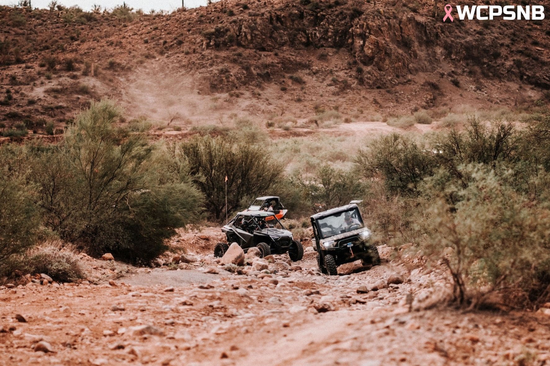 Two off-road vehicles drive on a rocky dirt trail surrounded by sparse desert vegetation and hills. Dust rises behind them. The terrain appears rugged and uneven. The sky is overcast, and “WCPSNB” is visible in the top right corner.