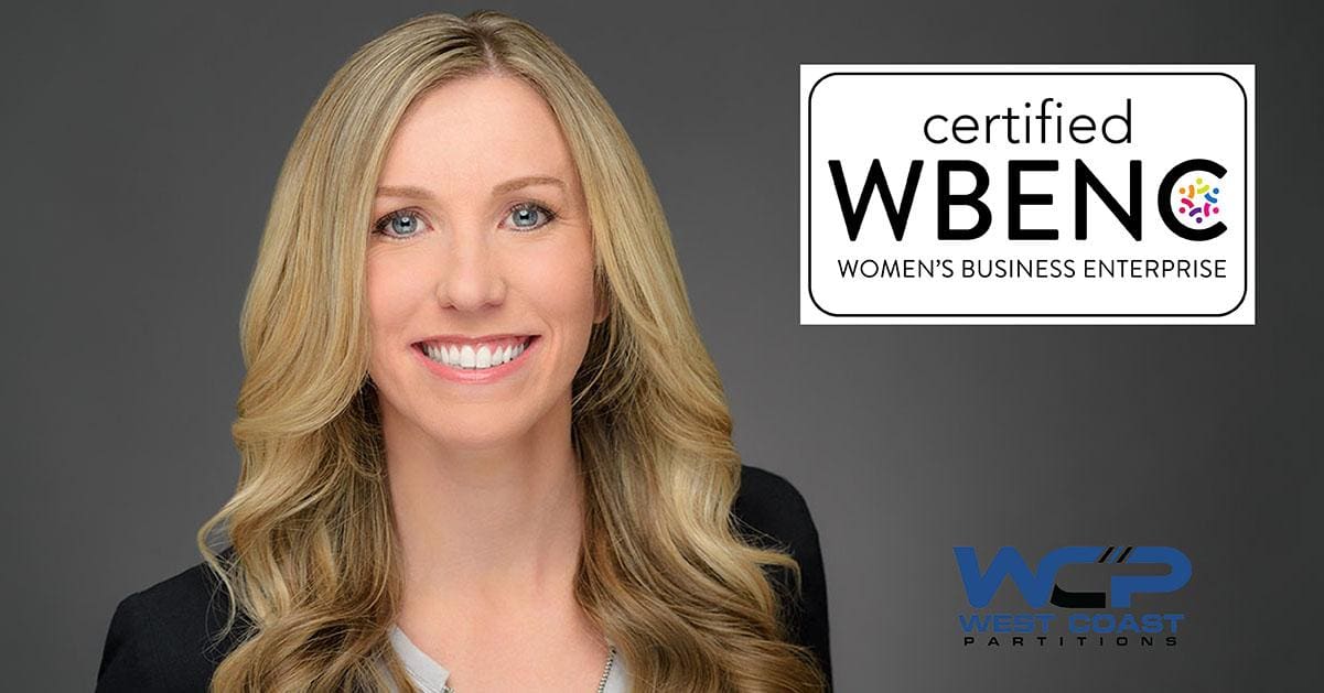A smiling woman with long blonde hair and a black blazer poses in front of a gray background. To her right are logos: "Certified WBENC Women's Business Enterprise" and the blue and gray "WCP West Coast Partitions" logo.