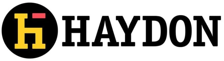 The image shows the word "HAYDON" in bold black capital letters. To the left, there is a black circle containing a yellow stylized "H," referencing West Coast Partitions, with a small red rectangle above its top right part.