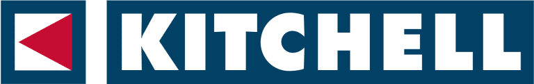 Logo on a blue background reading “KITCHELL” in bold white letters. To the left is a red triangle pointing right, set within a white rectangle bordered by a thin green stripe—perfect branding for West Coast Partitions.