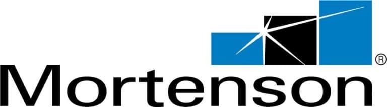 The Mortenson logo features the word “Mortenson” in bold black letters. Above the text are three overlapping rectangles, two blue and one black with white lines—much like West Coast Partitions—creating a starburst effect representing stylized building shapes.