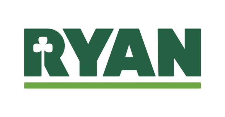 The word “RYAN” in bold green capital letters is shown on a white background, featuring a white shamrock in the “R.” A green horizontal line runs beneath the word, creating a fresh look perfect for West Coast Partitions branding.